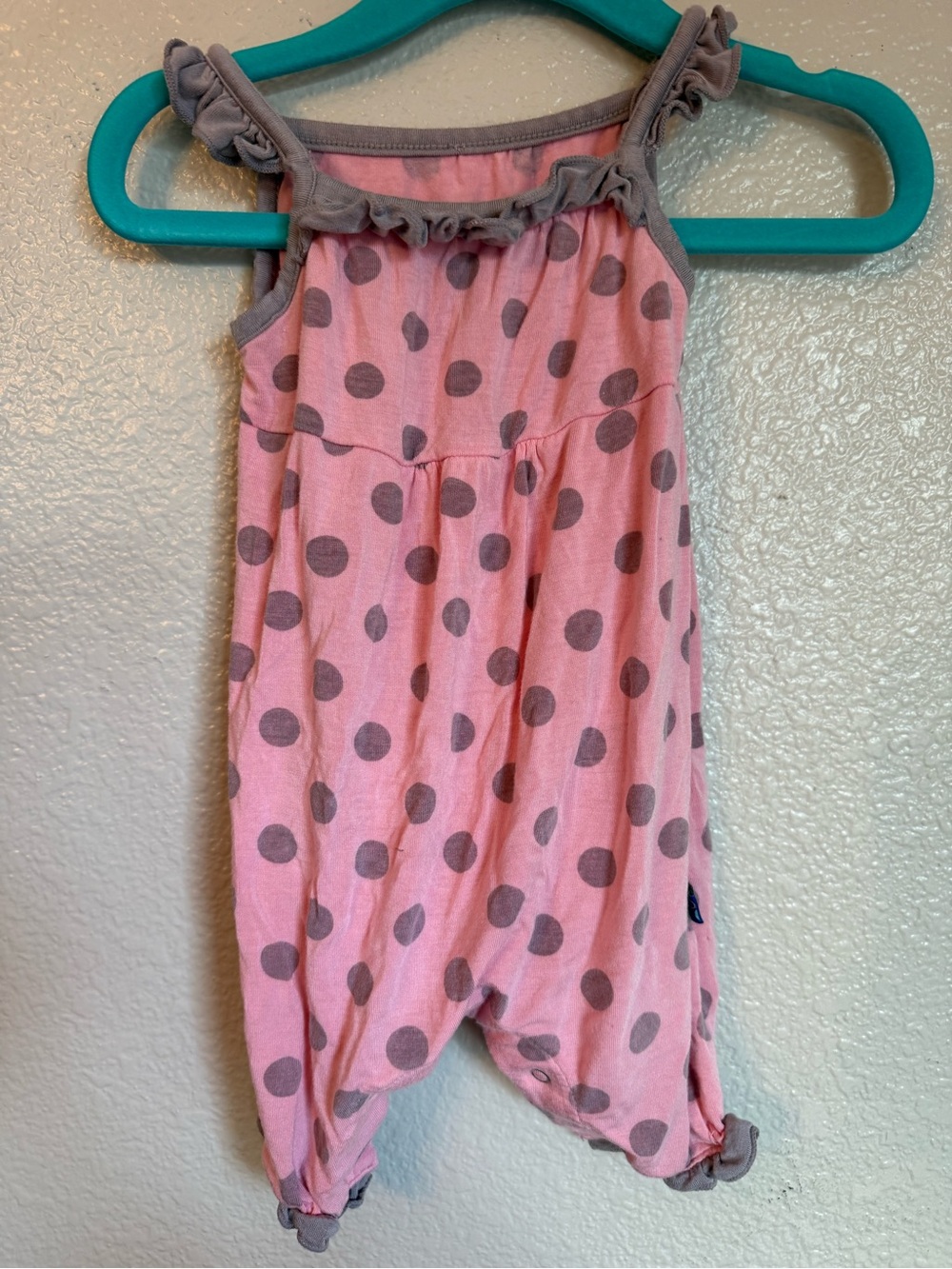 Kickee Pants Pink Polka Dot Ruffle Romper with Gray Trim
